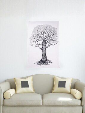 Oussum Wall Hanging Cotton Tree of Life Poster Black & White Tapestry